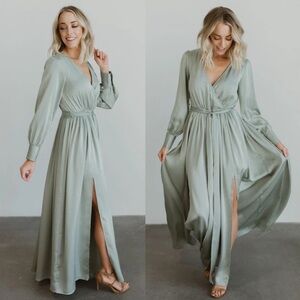 Baltic Born Jenna Satin Maxi Long Sleeve Dress in Sage Sz. Small